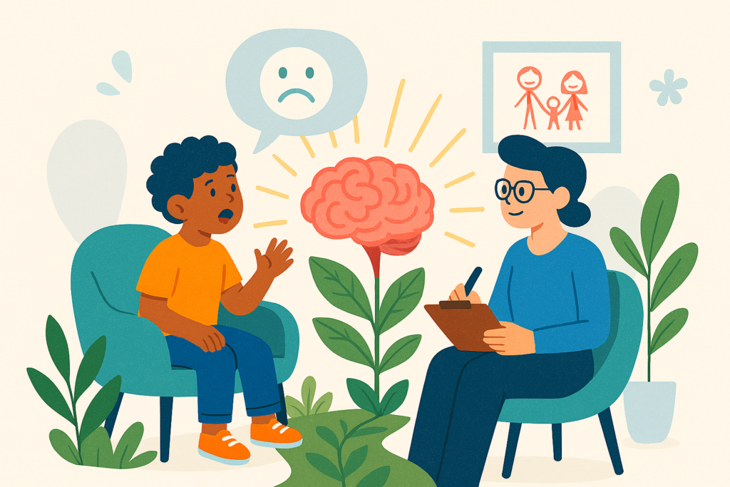 Flat graphic illustration of figures talking openly about emotional feelings