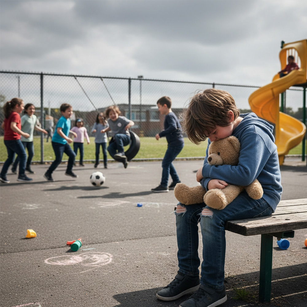 Sad child sitting on a bench whilst others play without him